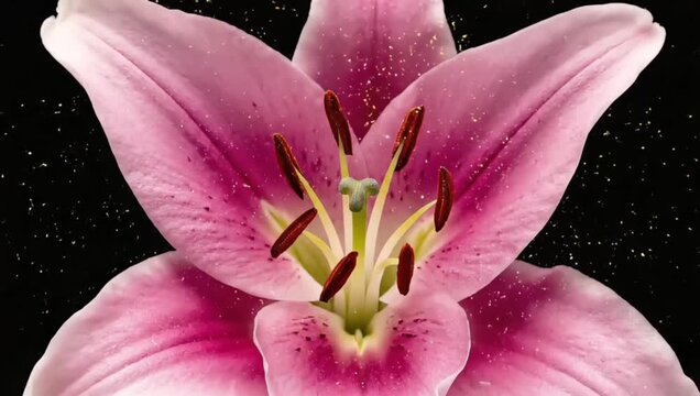 Elegant close-up of a vibrant pink lily in full bloom, showcasing delicate petals and stamens against a dark, sparkling background