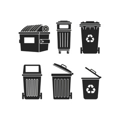 Collection of various black silhouette garbage bins, showing different styles and configurations.