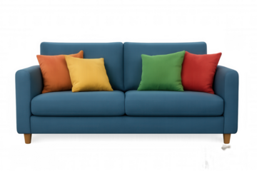 Comfortable blue sofa with four colorful cushions, isolated on transparent background, perfect for interior design projects
