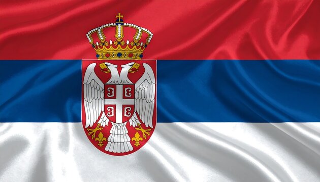Serbian flag with red, blue, and white horizontal stripes and coat of arms featuring double-headed eagle, crown, and cross.