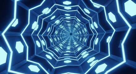 Futuristic Blue Tunnel with Geometric Shapes and Glowing Neon Lights
