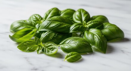 Fresh Basil Leaves with Water Droplets on Marble Surface, Close-Up