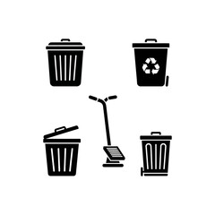 Four different black and white icons of various types of trash cans and a trash receptacle.