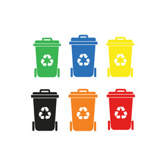 Six colorful wheelie bins with recycling symbols, illustrating waste disposal options.