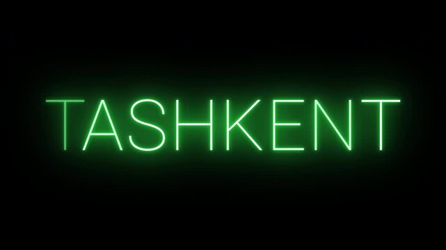 Flickering neon green Tashkent sign animated on black background.
