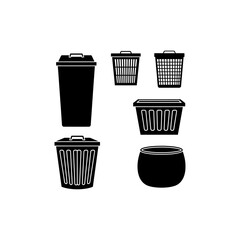 A collection of six black silhouette icons showing various household bins, including trash cans and laundry baskets.