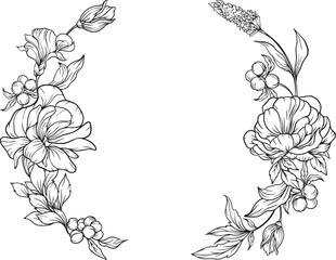 Line art wreath with layered organic shapes and berry like clusters ideal for seasonal content, nature-inspired storytelling, or minimalist decorative themes