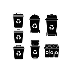 A collection of various black silhouette icons representing different types of trash and recycling bins with the universal recycling symbol prominently displayed.