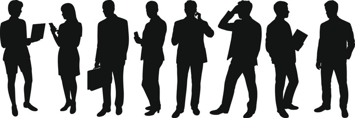 Silhouettes of business professionals using technology, smartphones, laptops, tablets, standing in corporate office attire, communication and teamwork concept illustration