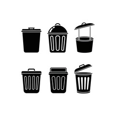 Six simple black silhouette trash can icons, various lid positions.