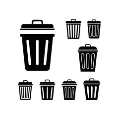 A set of black silhouette trash can icons, representing waste, garbage, and delete symbols.