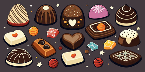 A visually rich and elegant assortment of gourmet chocolates arranged on a dark surface. The chocolates are of various shapes—hearts, stars, domes, and squares—and are decorated with intricate pattern