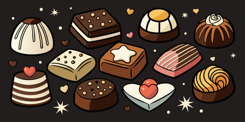 A visually rich and elegant assortment of gourmet chocolates arranged on a dark surface. The chocolates are of various shapes—hearts, stars, domes, and squares—and are decorated with intricate pattern
