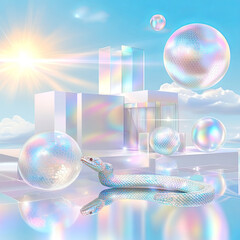 Futuristic scene with iridescent snake, glass spheres, and modern white architecture under bright blue sky and sun.