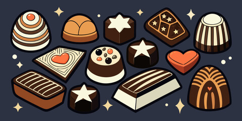 A visually rich and elegant assortment of gourmet chocolates arranged on a dark surface. The chocolates are of various shapes—hearts, stars, domes, and squares—and are decorated with intricate pattern