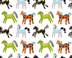 Seamless horse pattern. Colorful stylized horses. Hand drawn with pastels. Decorative folk style.