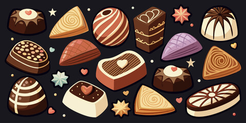 A visually rich and elegant assortment of gourmet chocolates arranged on a dark surface. The chocolates are of various shapes—hearts, stars, domes, and squares—and are decorated with intricate pattern