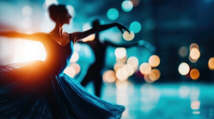 Dancers performing gracefully in a dimly lit studio at night