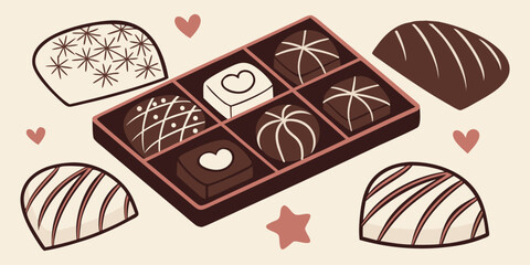 A visually rich and elegant assortment of gourmet chocolates arranged on a dark surface. The chocolates are of various shapes—hearts, stars, domes, and squares—and are decorated with intricate pattern