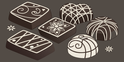 A visually rich and elegant assortment of gourmet chocolates arranged on a dark surface. The chocolates are of various shapes—hearts, stars, domes, and squares—and are decorated with intricate pattern