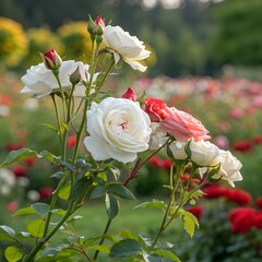 Fresh white and red roses blooming in a garden with a colorful floral background.