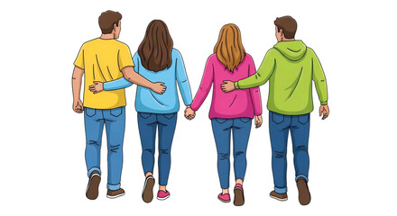 Group of young friends walking together with arms around each other from a back view showing friendship love and support.
