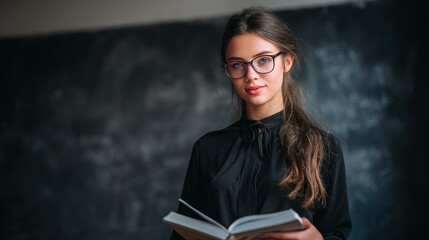 A young teacher with long hair and glasses stands in front of a chalkboard, holding an open book. She appears confident and ready to engage her students in an English lesson
