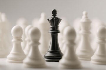 A black chess king stands prominently among white chess pieces, symbolizing power and strategy in a game of intellect and skill. The stark contrast emphasizes tactical superiority