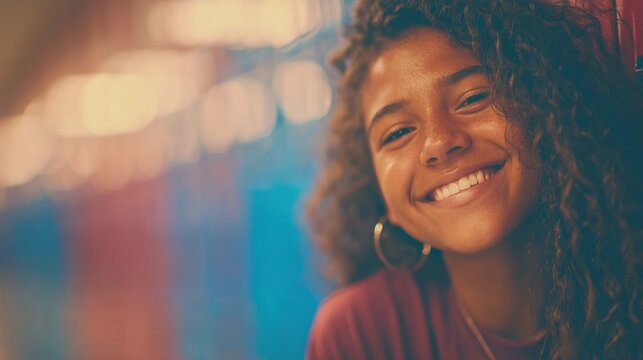 Cheerful young woman smiles against colorful school lockers - Powered by Adobe