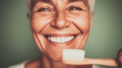 Smiling older woman holds toothbrush in preparation for dental care at home