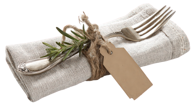 Elegant Table Setting with Linen Napkin Rosemary and Fork