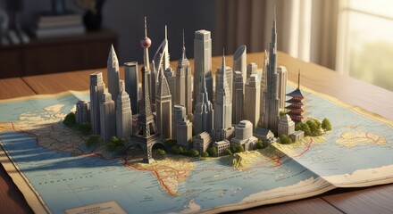 Miniature world cityscape on vintage map featuring iconic buildings and landmarks