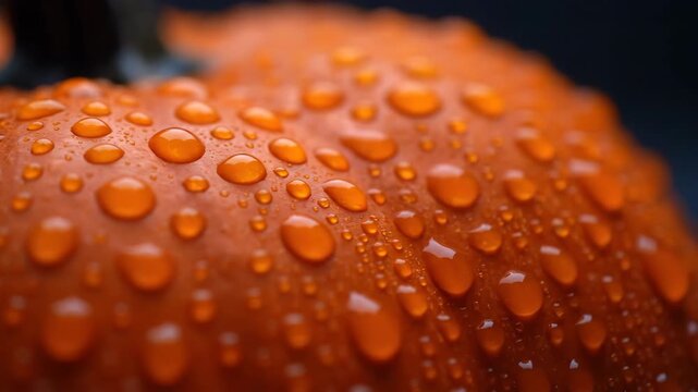 Close-up of Vibrant Orange Pumpkin with Water Droplets in Soft Focus, Capturing the Texture and Freshness of Autumn Harvest, Highlighting the Natural Beauty and Rich Color Under Soft Lighting