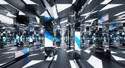 Abstract Geometric Corridor with Mirrored Walls and Blue Accents