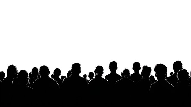 minimalistic silhouette of theater audience heads lined along the bottom edge of a pure white background, solid black shapes with no shadows or gradients, crisp clean edges, high