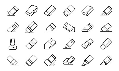 Collection of Eraser Line Icons Representing Stationery, School Supplies, Pencil Erasers, Rubber Erasers, Correction Tools, and Minimal Office Equipment Symbols in Outline Vector Style