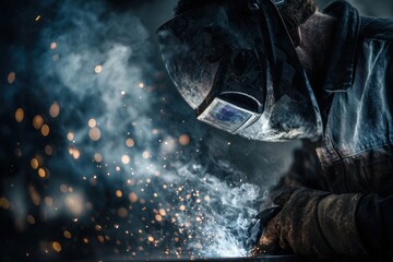 A skilled worker uses a welding torch in a low-lit workshop, creating shimmering sparks. The environment is filled with smoke and the glow of intense heat as metal fuses