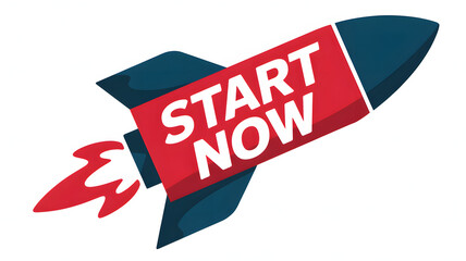 A stylized cartoon rocket ship with the words start now emblazoned on its side, isolated on a white background, symbolizing a prompt launch or beginning