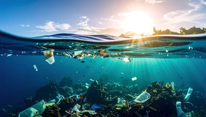 Split-level view of ocean polluted with plastic debris, shimmering sunlight overhead and underwater ecosystem visible