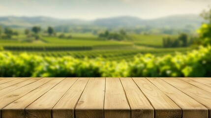 Wooden table outdoors vineyard background