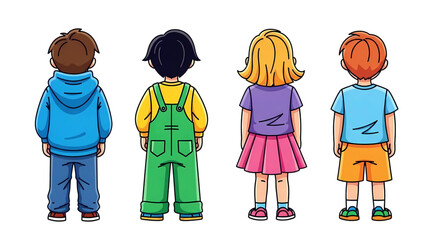 Group of cartoon children standing together from a back view isolated on Transparent background.