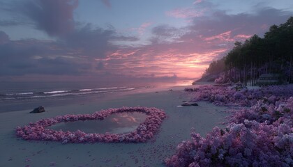 Heart-shaped pool on a beach at sunset, framed by pink flowers