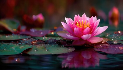 Pink lotus flower, water lilies, serene pond