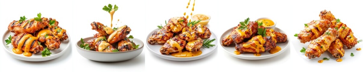 Grilled chicken wings splashing, yellow mustard sauce, isolate on white background. Set