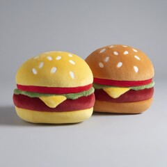 Two plush hamburger pillows, one yellow, one tan