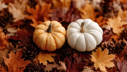 Two small pumpkins, orange and white, nestled amongst autumn leaves and pine cones