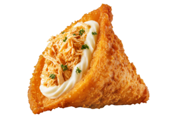 Crispy Brazil coxinha snack filled with shredded chicken croquettes and creamy cheese, isolated on white transparent background, concept of South American Cuisine
