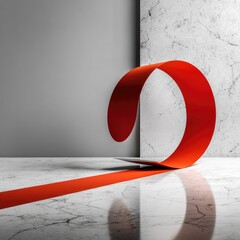 Red ribbon curves on marble floor