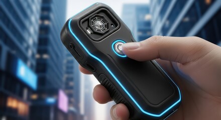 Futuristic Handheld Device with Glowing Blue Accents and Power Button Activation