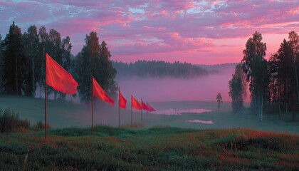 Misty golf course at dawn, flags marking fairway